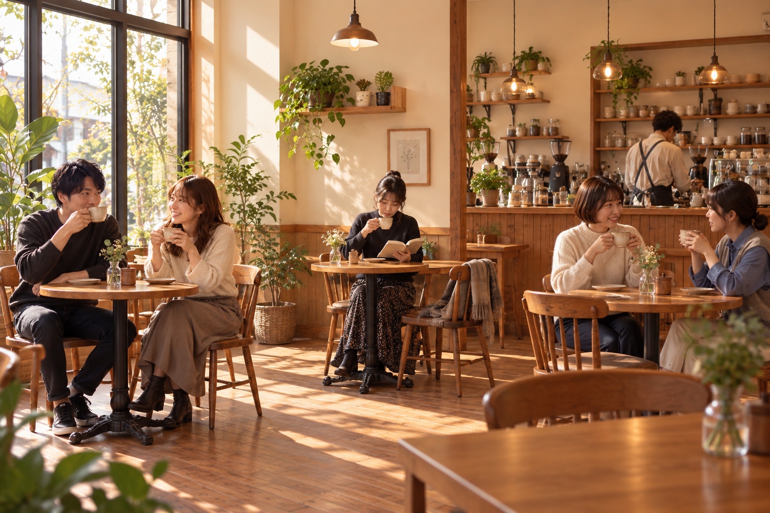 カフェの複数のテーブルでコーヒーを楽しむお客さんたち